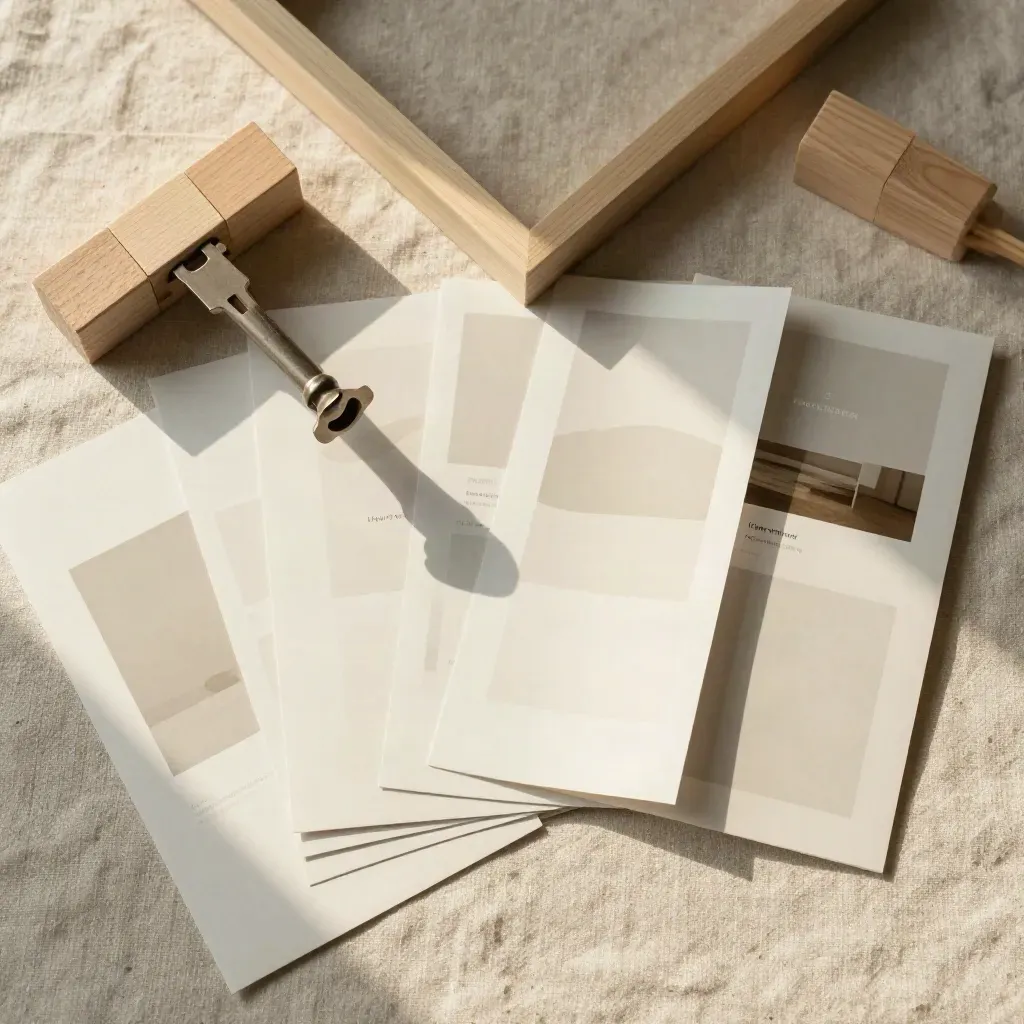 Top-down flat lay of homepage mockup boards, wood blocks, and folded site frames on pale oak.