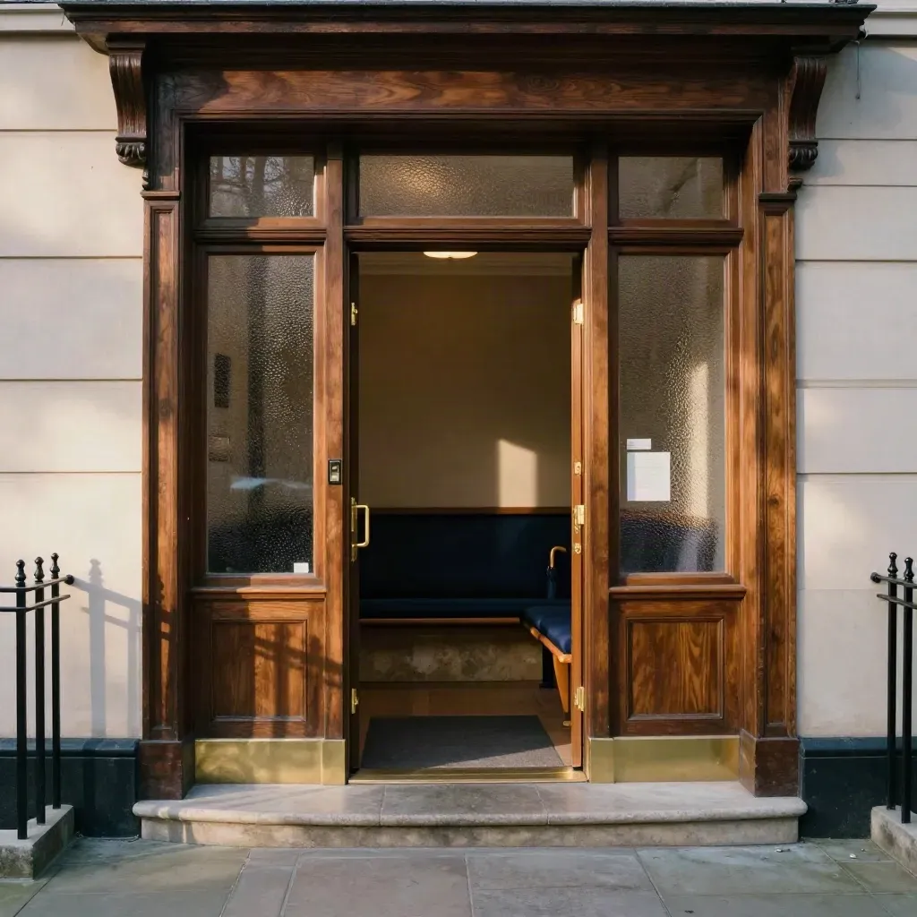 Restored Georgian law office entrance with frosted glass, brass hardware and a navy waiting alcove.