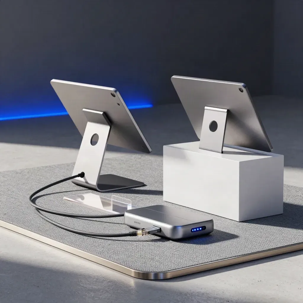 Demo suite devices, sign-in pedestal and sync hub glowing in a sleek startup interior.