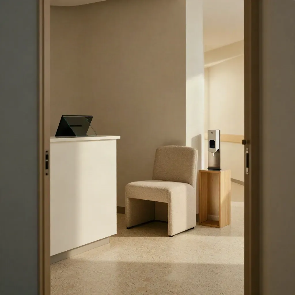 Clinic reception corner with chair, check-in pedestal, and softly lit corridor