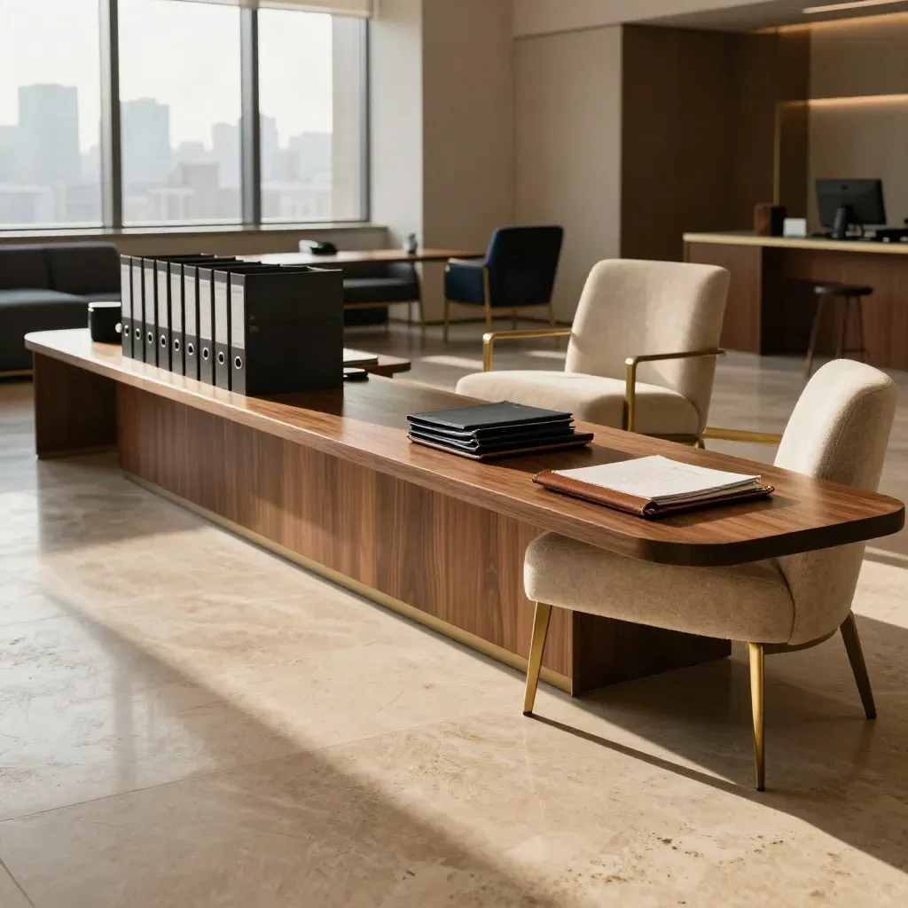 Empty finance lounge with stone floor, navy chair, binders, and a soft city window in warm light.