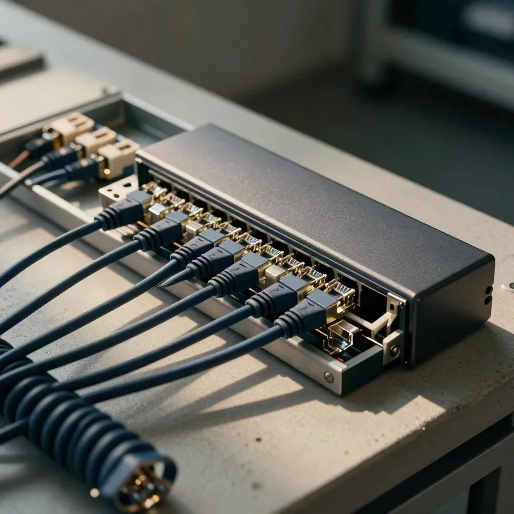 Overhead network patch leads, cable clips and matte hub on a concrete service tray in soft daylight.
