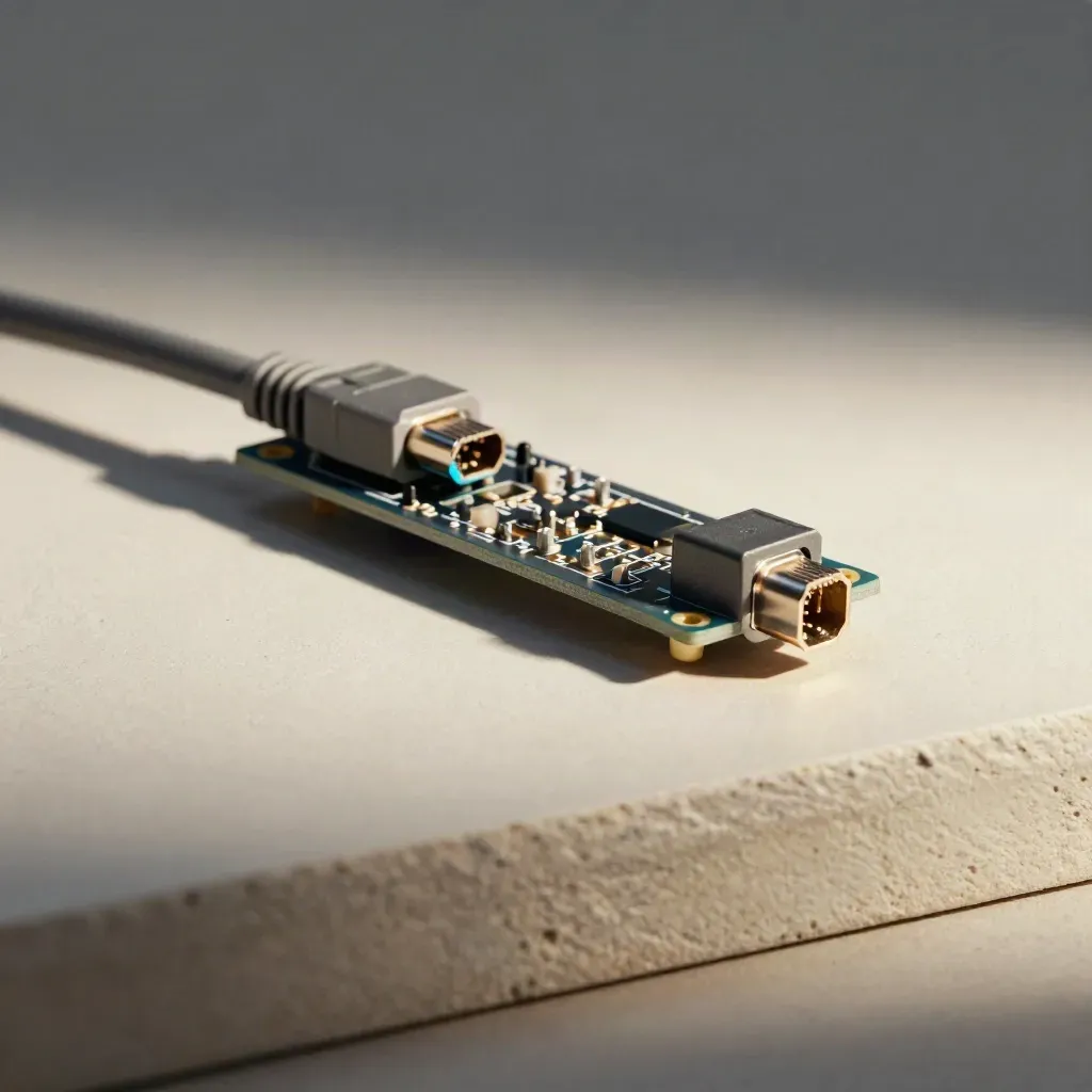 Braided ethernet lead, connector board and modular blocks on plaster under soft side light.