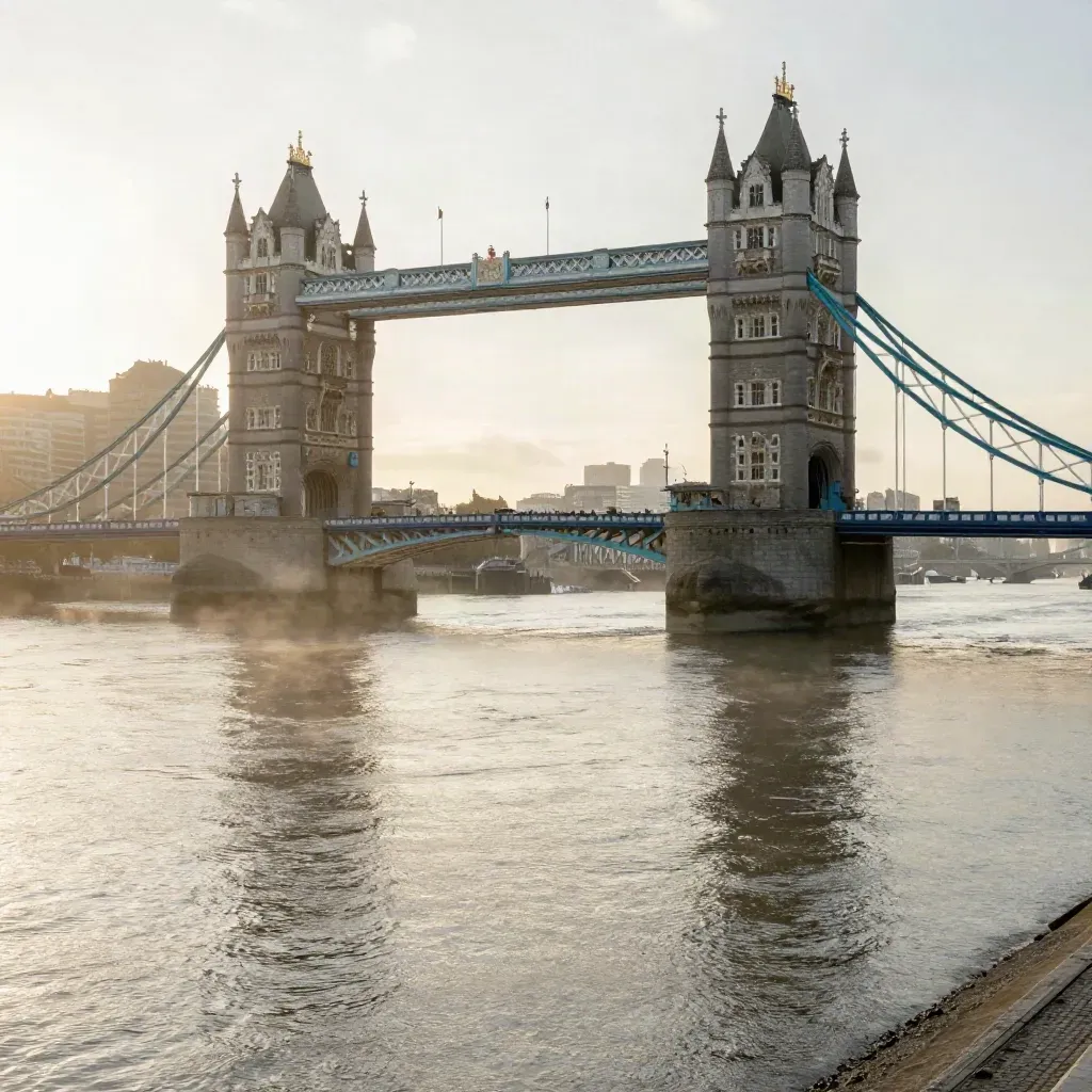Tower Bridge above a misty silver Thames at amber sunset