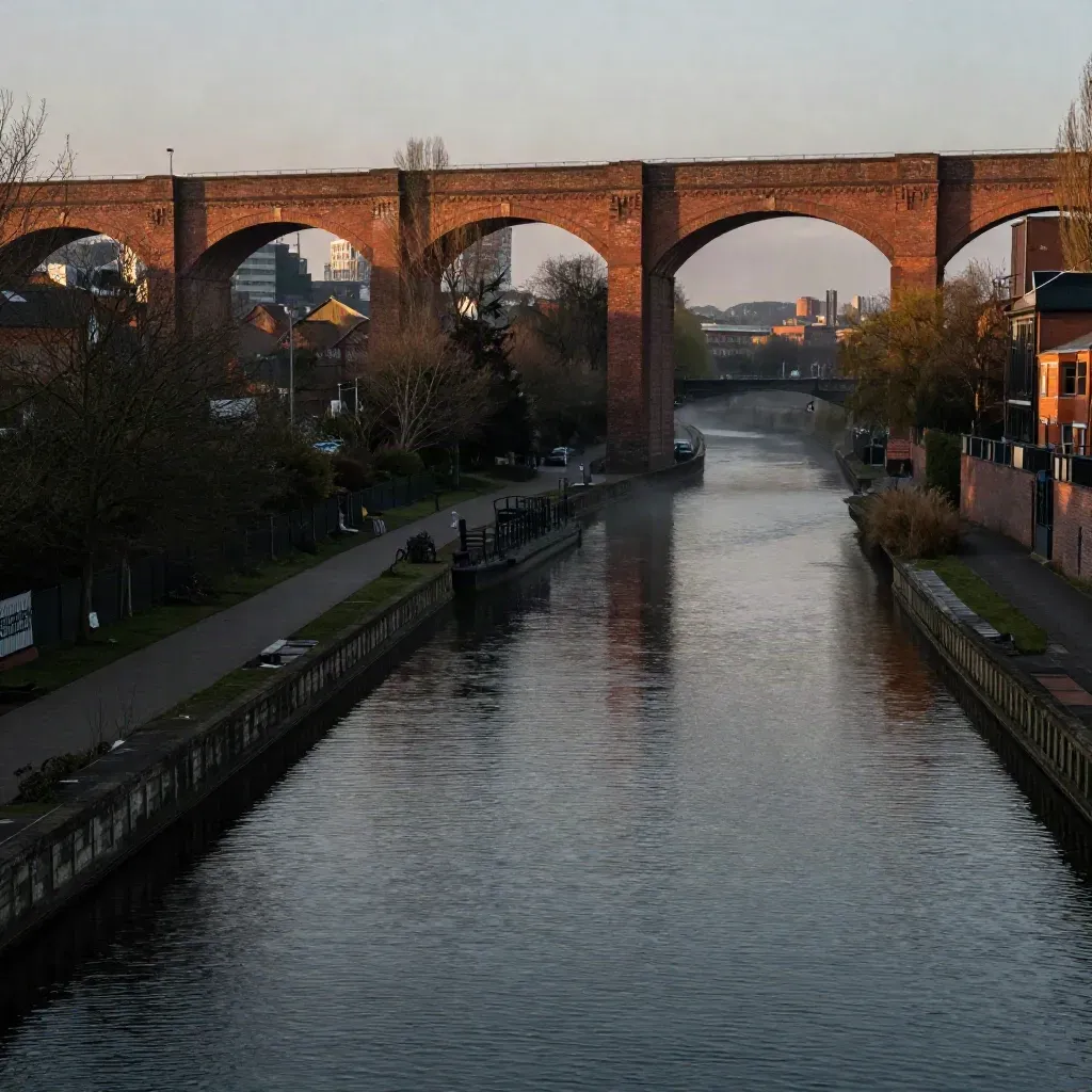 Birmingham canal basin at dusk with viaducts, trees, and calm reflective water