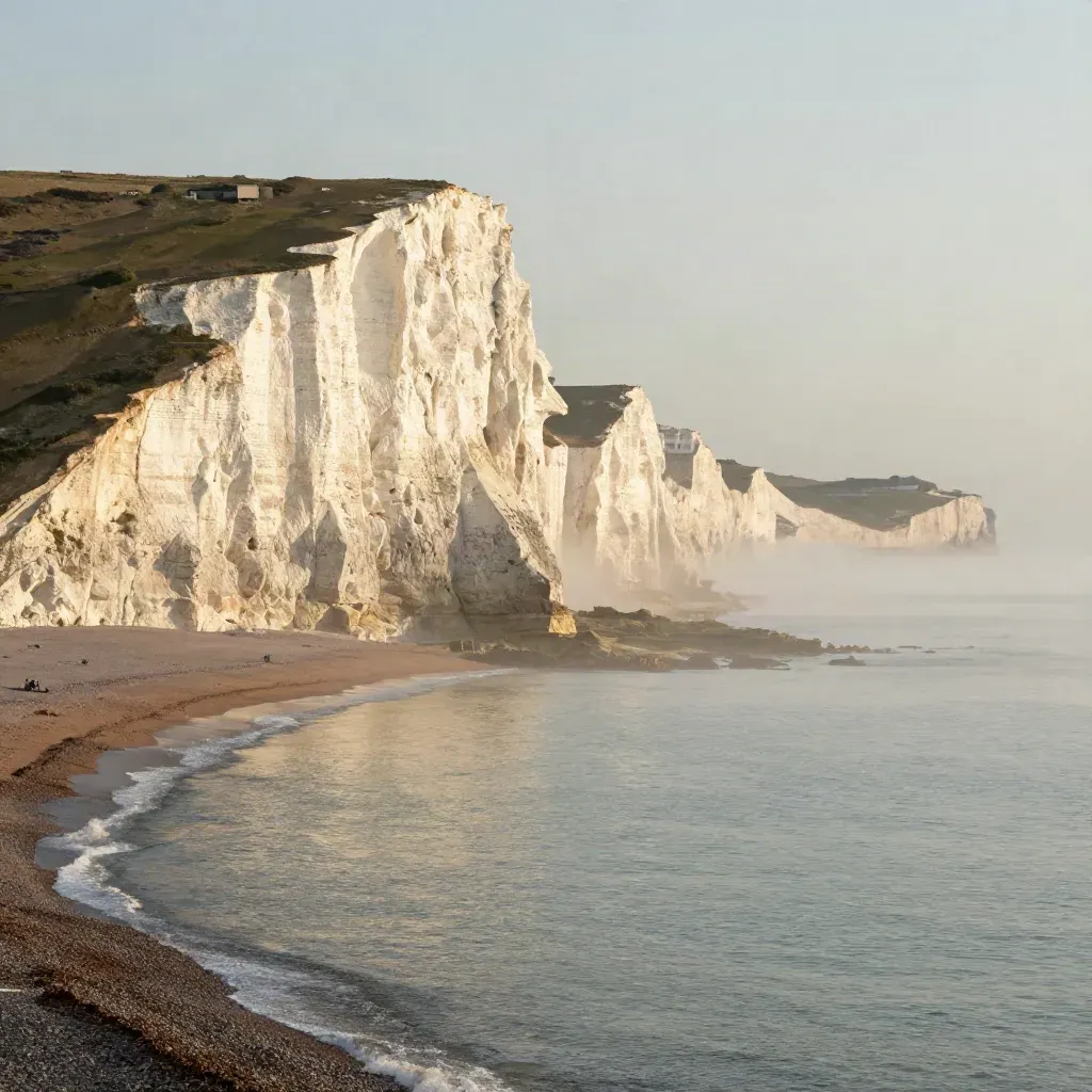 Golden Brighton chalk cliffs over a misty, open shoreline at low sun