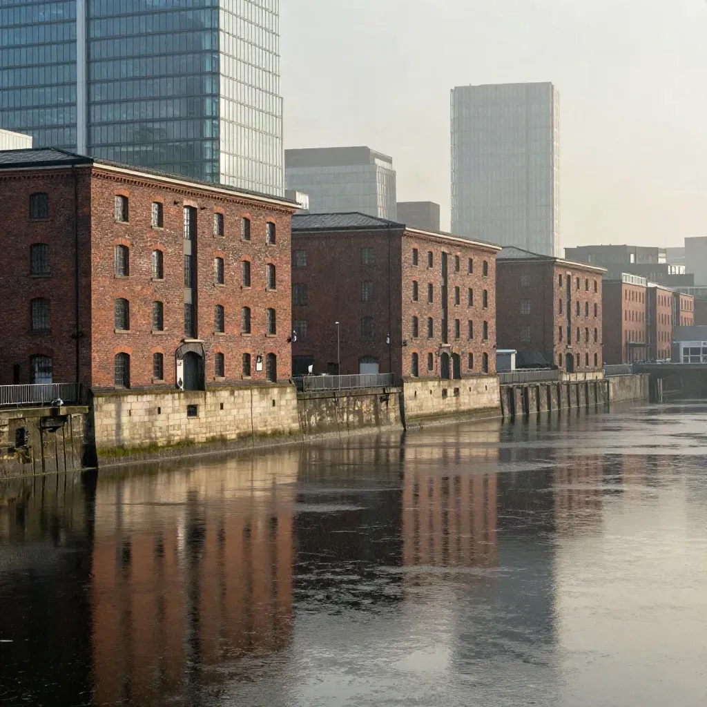 Rain-dark Manchester docks, glass towers above calm reflective water